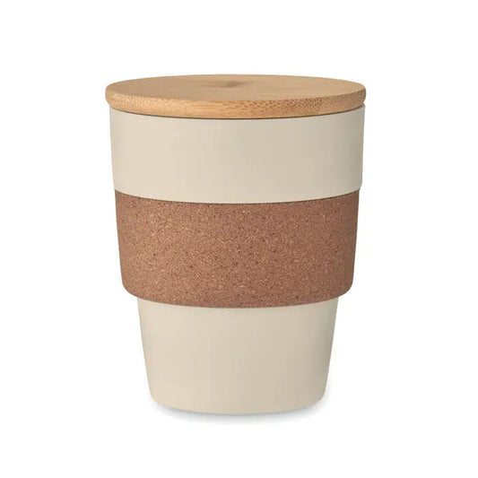Beige ceramic travel mug pahar in pp 300 ml with natural wood lid and textured cork grip band