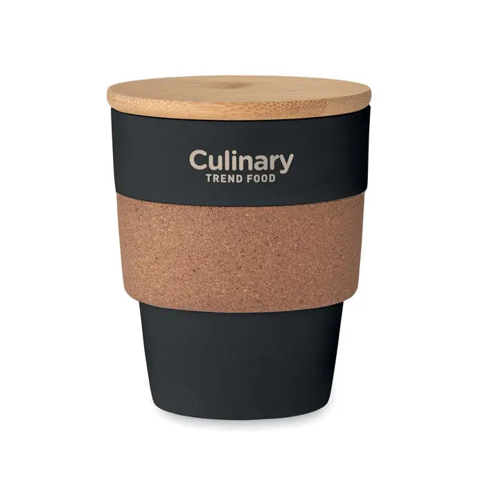 Pahar călătorie negru izolat 300 ml cu capac lemn natural și bandă de plută cu branding culinary trend food
