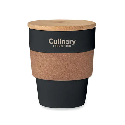 Pahar călătorie negru izolat 300 ml cu capac lemn natural și bandă de plută cu branding culinary trend food