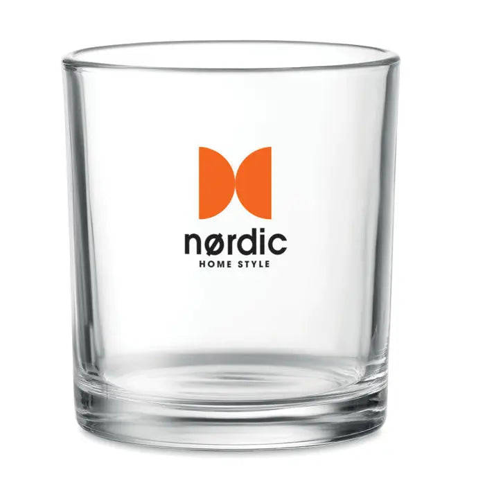 Pahar pentru bautura scurta 300 ml din sticla transparenta cu logo nordic portocaliu si negru pe lateral