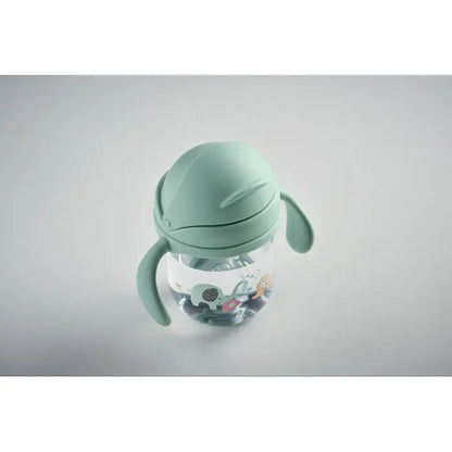 Pahar pentru bebeluși tritan verde mentă cu capac silicon balenă și corp transparent cu desene animate