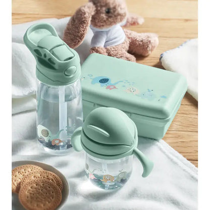 Pahar pentru bebeluș din silicon verde mentă cu capac și mâner și corp transparent din tritan cu ilustrații de elefant