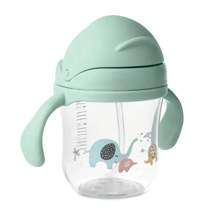 Pahar pentru bebeluș din tritan cu corp transparent, capac din silicon mint și desene animate colorate