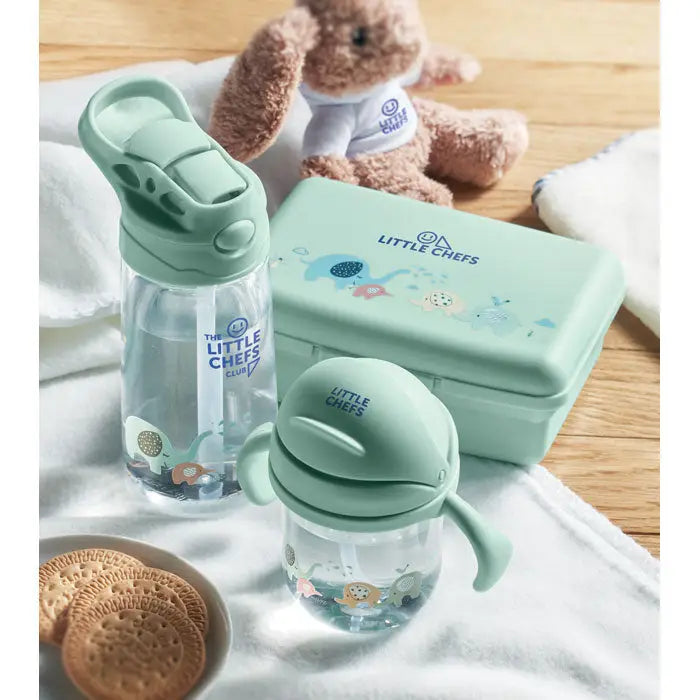 Pahar pentru bebeluș din tritan mint verde cu capac și mâner, decorat cu desene animate pe corp transparent