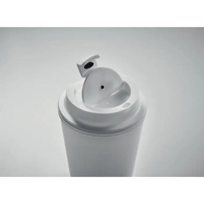 Pahar pp 300 ml alb din plastic cu capac articulat si accente negre pentru shaker