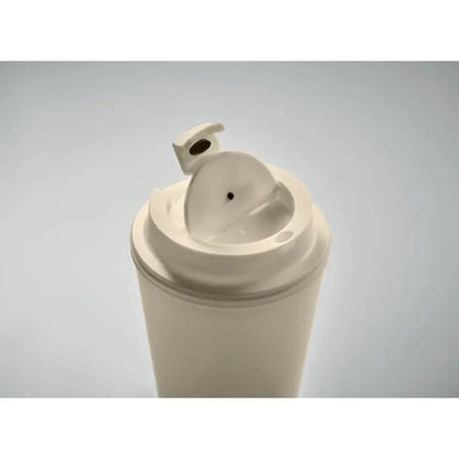 Pahar pp 300 ml alb din plastic cu capac balama si detaliu mic negru pentru shaker