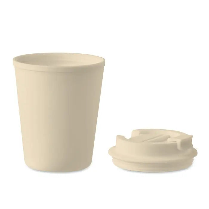 Pahar pp 300 ml beige reutilizabil cu capac potrivit din material eco prietenos pentru cafea