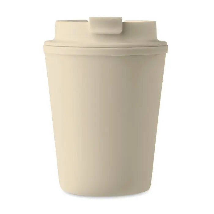 Beige pahar pp 300 ml travel mug din plastic cu capac asortat si maner dreptunghiular mic