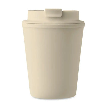 Beige pahar pp 300 ml travel mug din plastic cu capac asortat si maner dreptunghiular mic