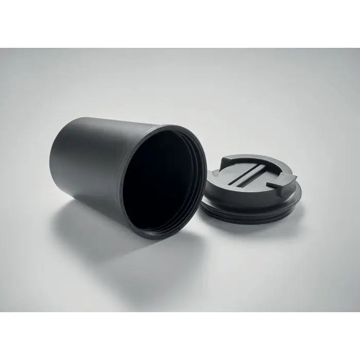 Pahar pp 300 ml un termos cilindric negru cu capac cu doua fante si tab pentru deschidere usoara