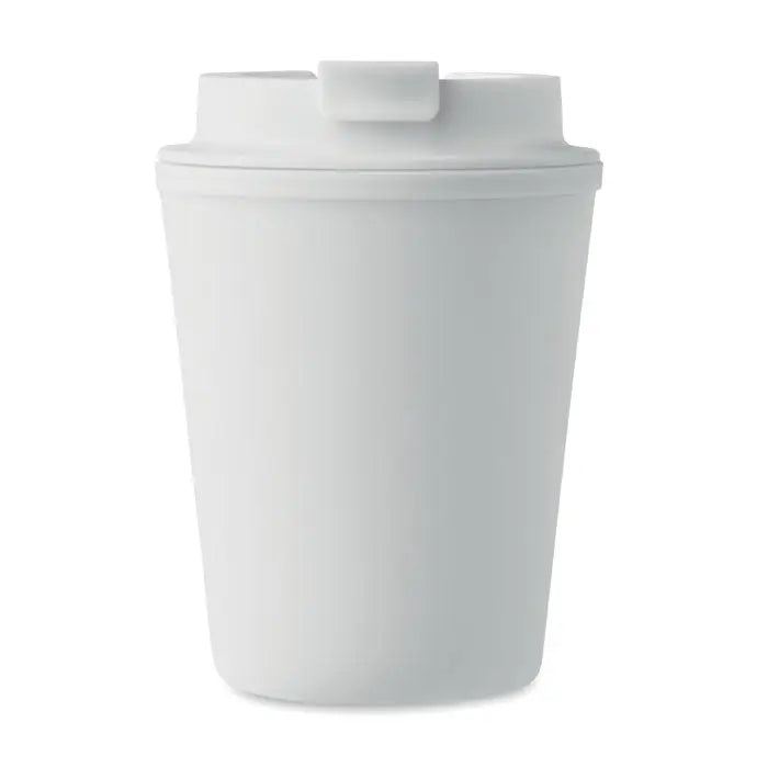 Pahar pp 300 ml alb din plastic cu capac si maner dreptunghiular pentru calatorii