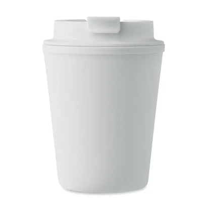 Pahar pp 300 ml alb din plastic cu capac si maner dreptunghiular pentru calatorii