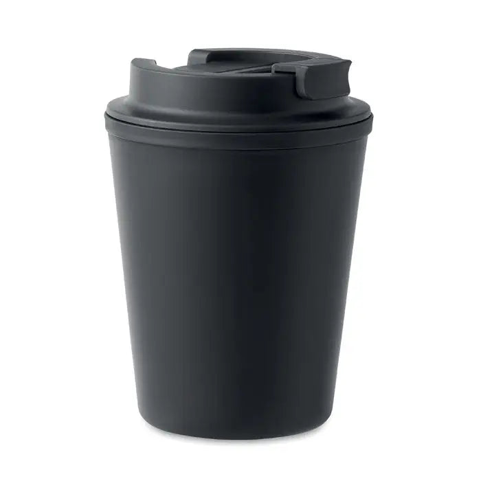 Pahar pp 300 ml este un termos de călătorie din plastic negru mat cu capac flip-top sigur