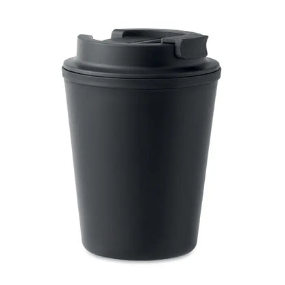 Pahar pp 300 ml este un termos de călătorie din plastic negru mat cu capac flip-top sigur