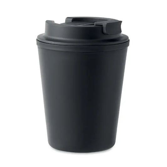 Pahar pp 300 ml este un termos de călătorie din plastic negru mat cu capac flip-top sigur