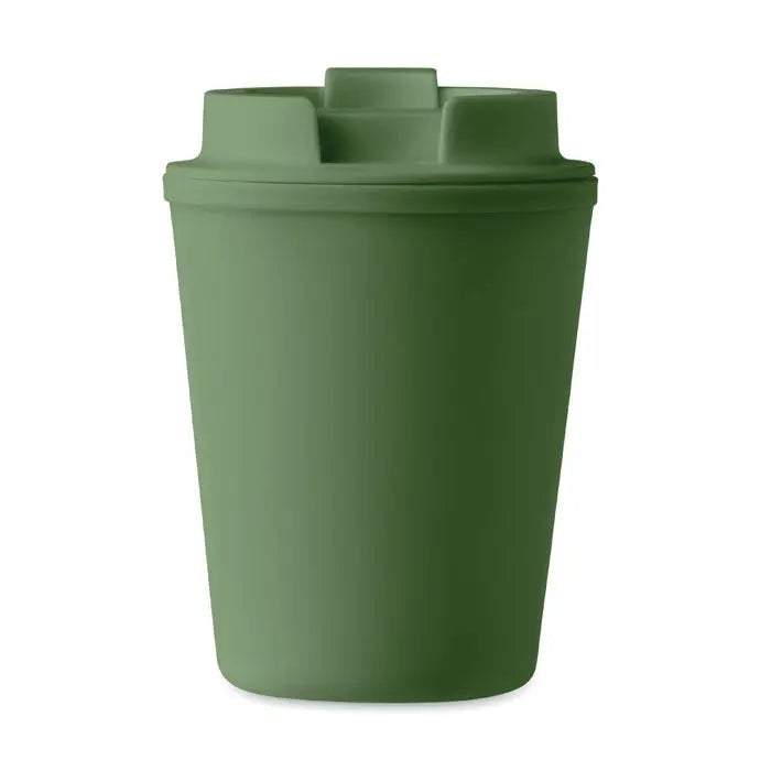 Pahar pp 300 ml este un pahar de calatorie din plastic de culoare verde maslina cu capac si manere integrate