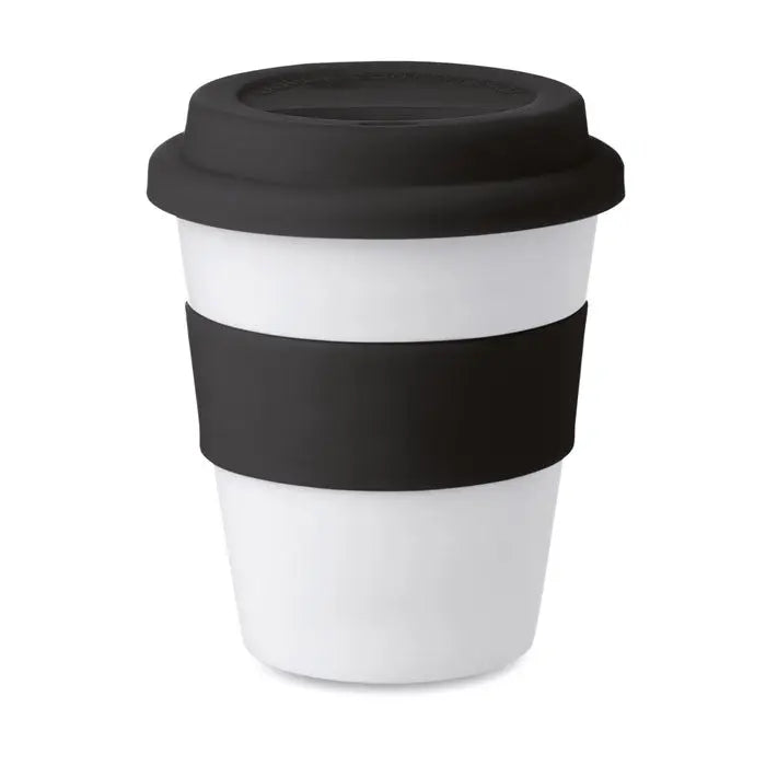 Pahar pp alb reutilizabil pentru cafea cu capac si bandă de silicon neagră pentru prindere confortabilă
