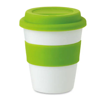 Pahar pp reutilizabil alb și verde lime cu capac și grip din silicon pentru călătorii