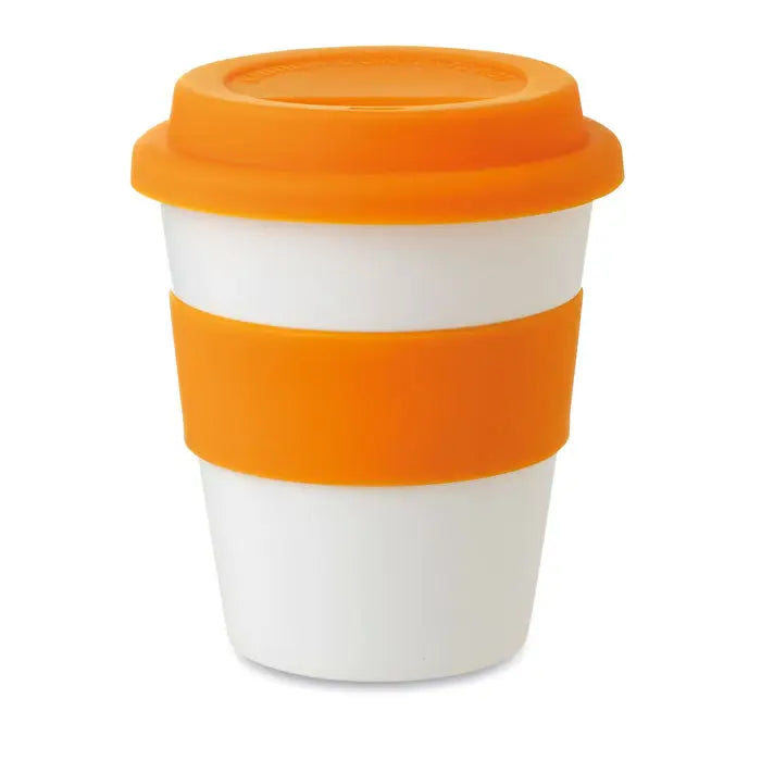 Pahar pp reutilizabil alb si portocaliu cu capac si banda de silicon pentru cafea