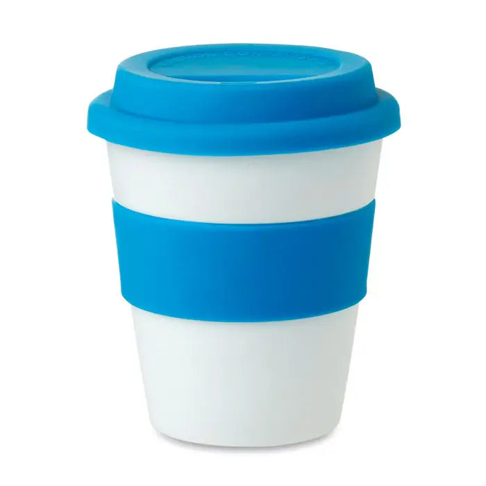 Pahar pp alb și albastru deschis cu capac și bandă din silicon, reutilizabil pentru cafea