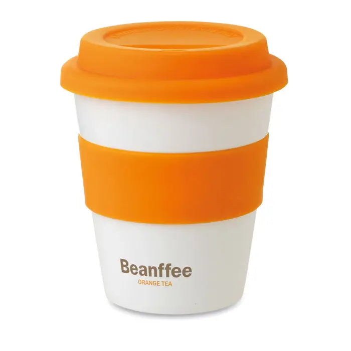 Pahar pp alb reutilizabil cu capac si grip din silicon portocaliu cu branding beanffee orange tea