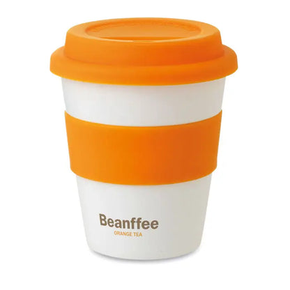 Pahar pp alb reutilizabil cu capac si grip din silicon portocaliu cu branding beanffee orange tea