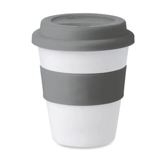 Pahar reutilizabil alb cu capac si banda din silicon gri pentru baut cafea din material pp