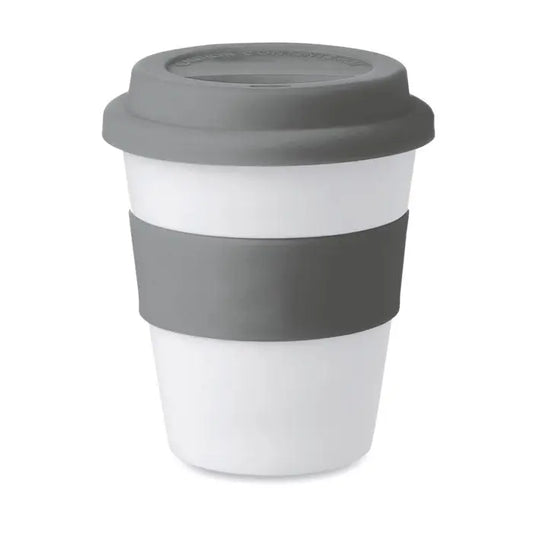 Pahar reutilizabil alb cu capac si banda din silicon gri pentru baut cafea din material pp
