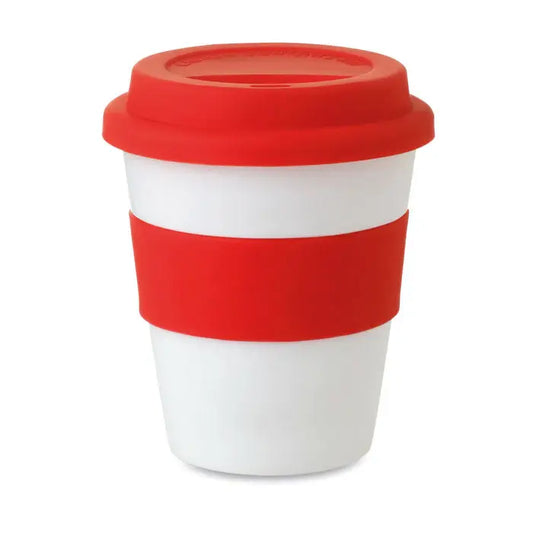 Pahar pp rosu si alb cu capac din silicon si banda de prindere pentru cafea reutilizabil
