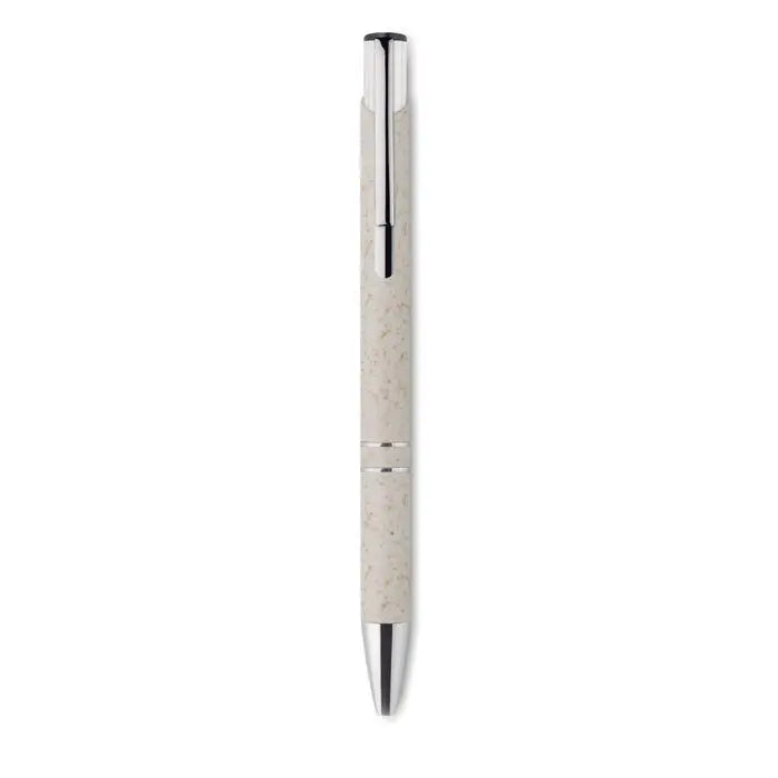 Stilou tip push paie de grau cu corp argintiu si bej texturat din abs si clip metalic pentru scris elegant