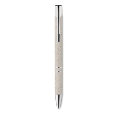 Stilou tip push paie de grau cu corp argintiu si bej texturat din abs si clip metalic pentru scris elegant