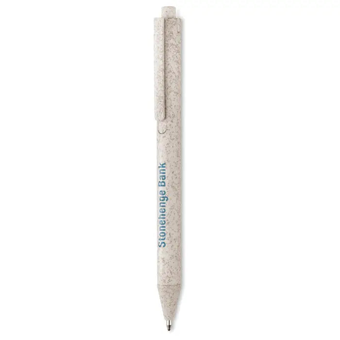 Stilou tip push din abs eco prietenos bej cu pete metalic slefuit si text stonehenge bank albastru pe lateral