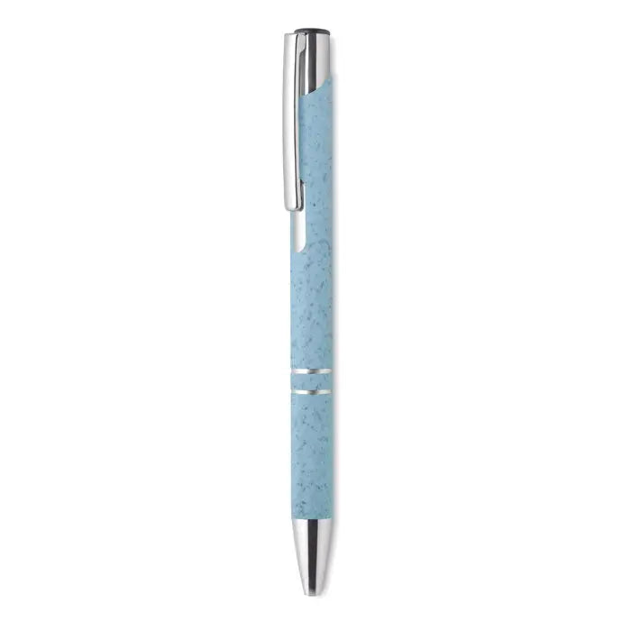 Stilou tip push paie de grau cu corp albastru deschis, texturat si accente metalice argintii din abs