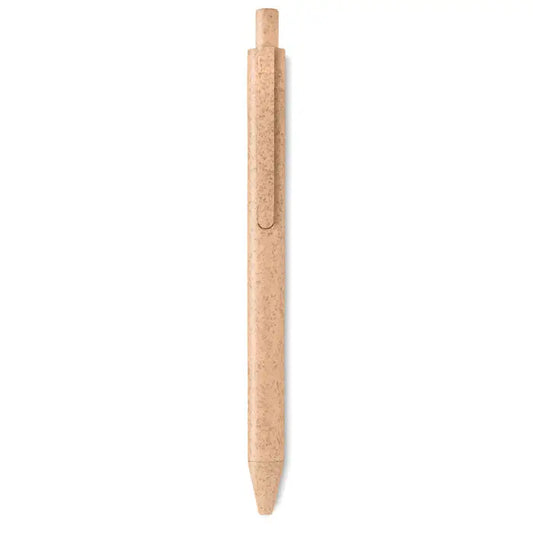 Stilou tip push beige paie de grau din pluta cu finisaj texturat si clip metalic simplu