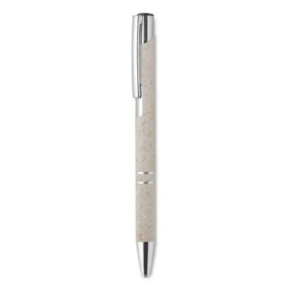 Stilou tip push paie de grau abs bej cu textura peticata si accente metalice argintii pe clips capac si varf