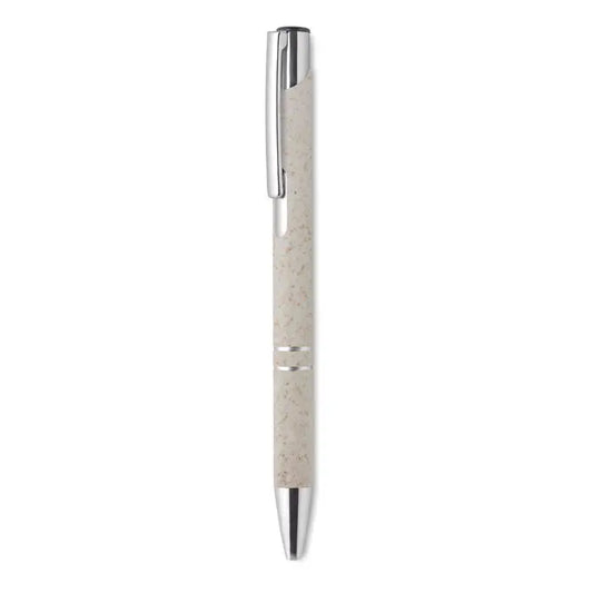Stilou tip push paie de grau abs bej cu textura peticata si accente metalice argintii pe clips capac si varf