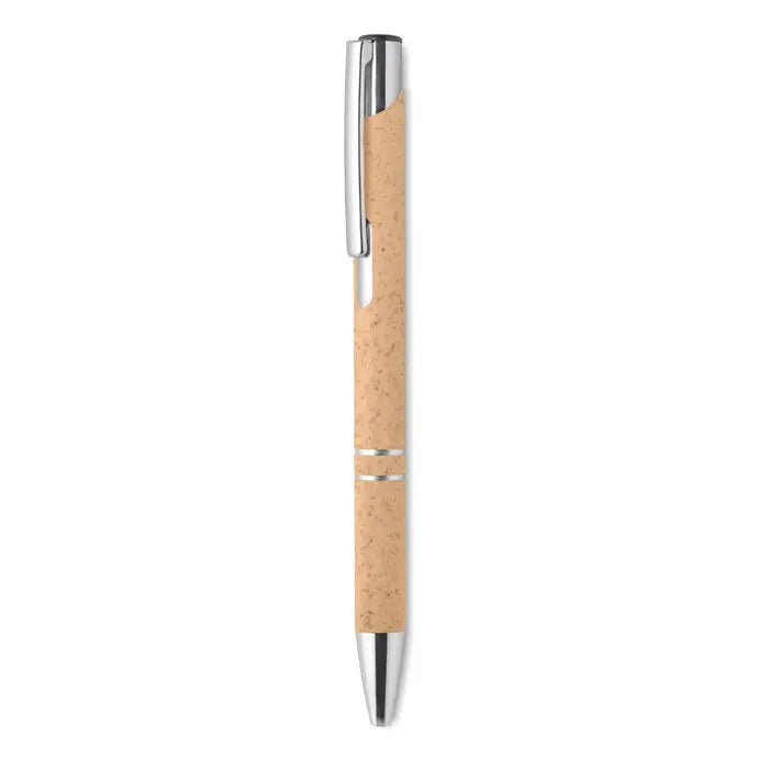 Stilou tip push paie de grau cu corp din plută naturală și accente din metal argintiu lustruit