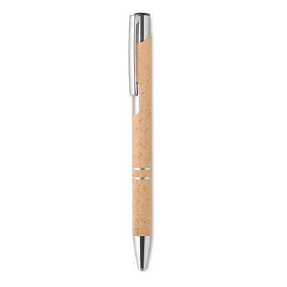 Stilou tip push paie de grau cu corp din plută naturală și accente din metal argintiu lustruit