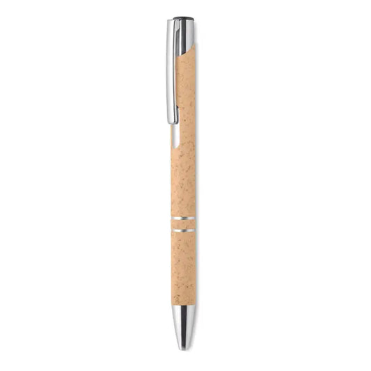 Stilou tip push paie de grau cu corp din plută naturală și accente din metal argintiu lustruit