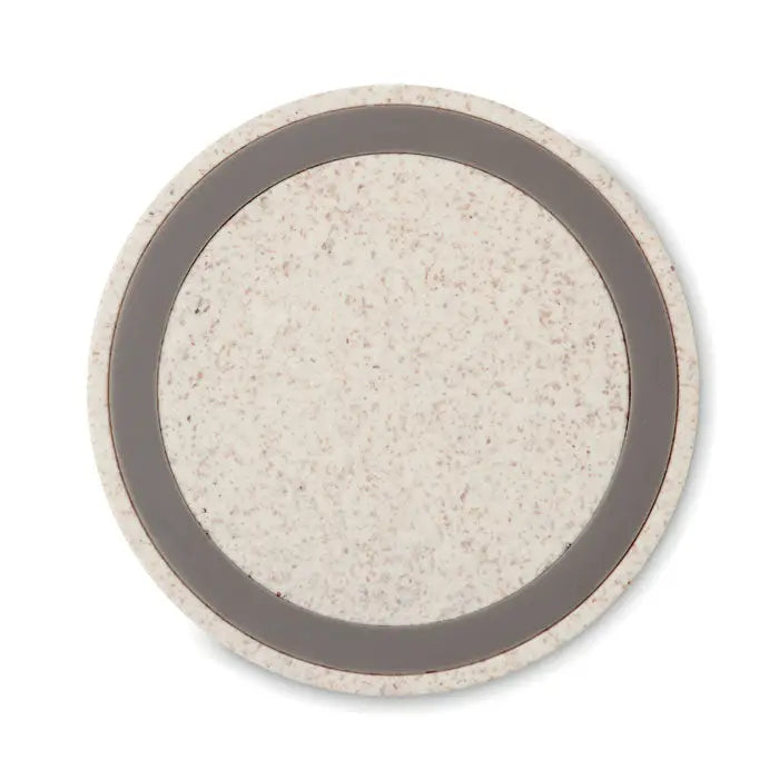 Coaster circular paie de grau cu centru bej pestrit si ramă gri solid din material abs 5w pentru incarcare