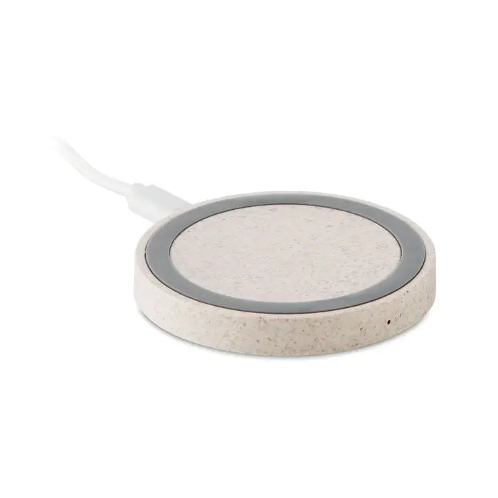 Încărcător wireless circular bej cu pete, margine gri și cablu alb pentru paie de grau, ABS 5W