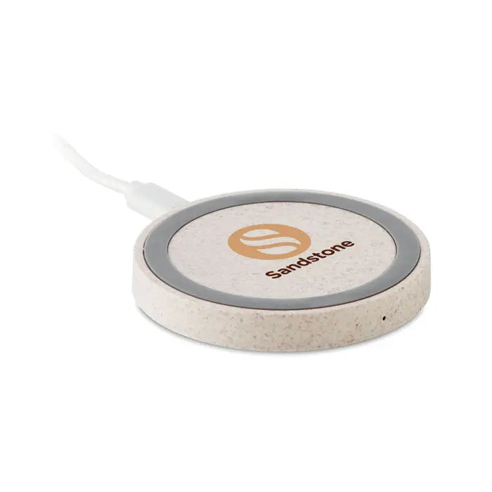 Încărcător wireless circular beige paie de grau din ABS 5W cu margine gri și logo sandstone portocaliu