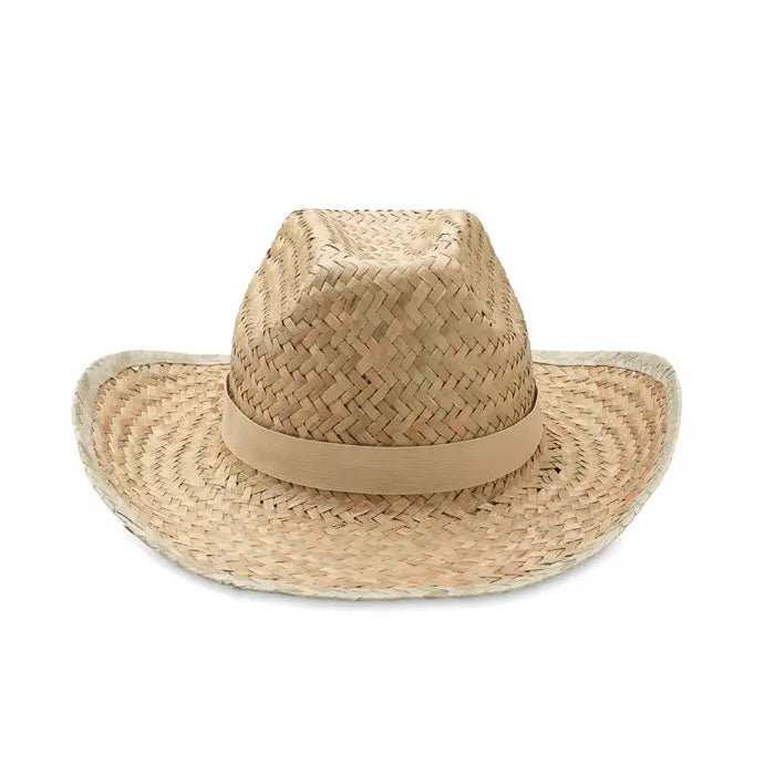 Palarie de cowboy din paie naturala bej tesuta cu o bentita asortata