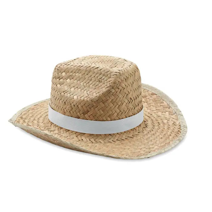 Palarie de cowboy din paie naturala bej cu banda alba din panglica eleganta