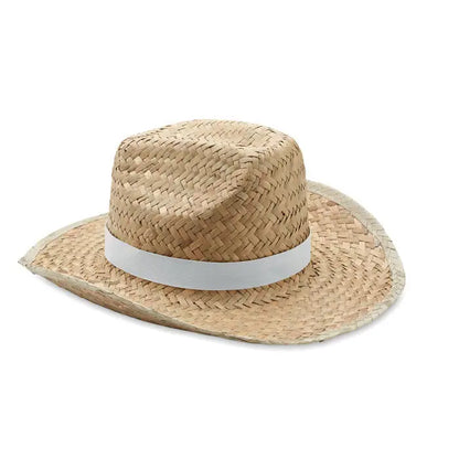 Palarie de cowboy din paie naturala bej cu banda alba din panglica eleganta