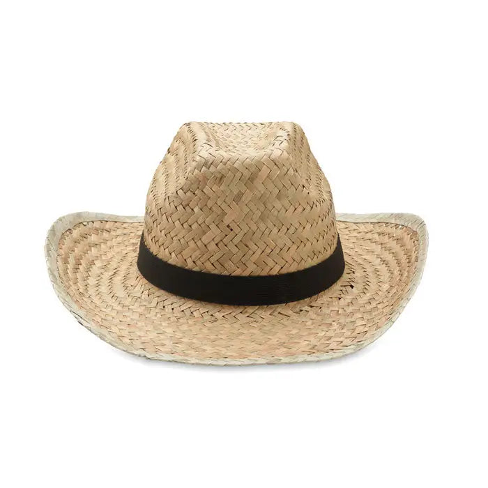 Palarie de cowboy din paie naturala bej cu banda neagra in jurul borului