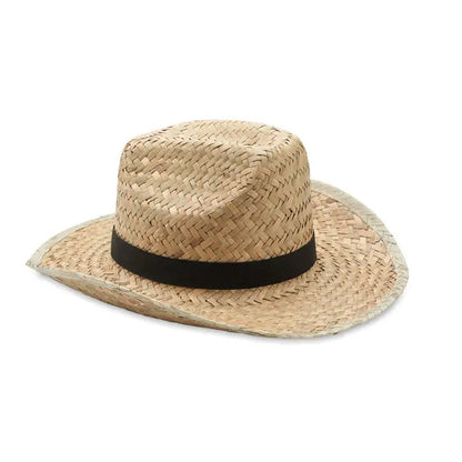 Palarie de cowboy din paie naturala bej cu fundita neagra din panglica