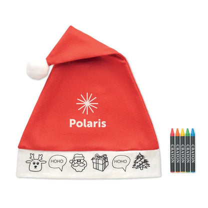 Palarie de mos craciun pentru copii rosie cu bordura alba si logo polaris brodat cu desene festive negre