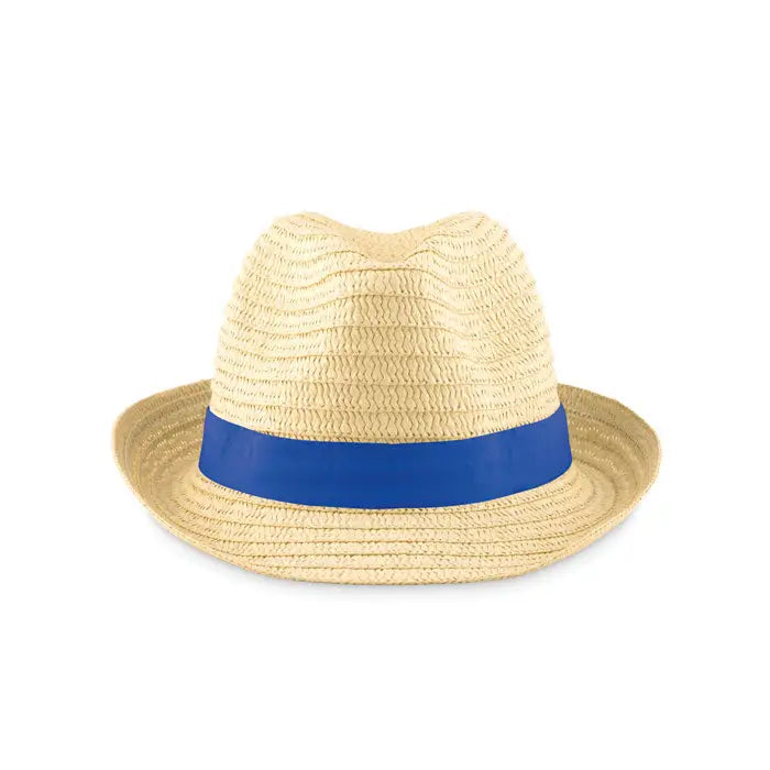 Beige pălărie de paie de hârtie cu bandă albastră vibrantă din material natural pentru protecție solară