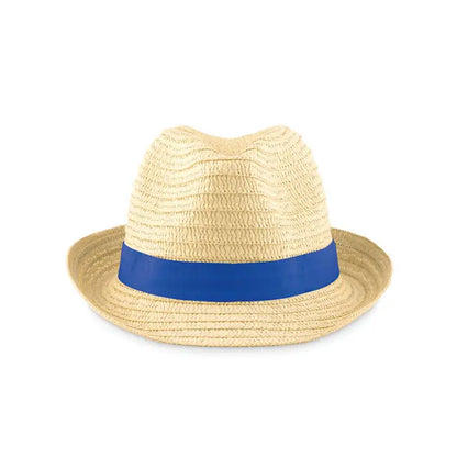 Beige pălărie de paie de hârtie cu bandă albastră vibrantă din material natural pentru protecție solară